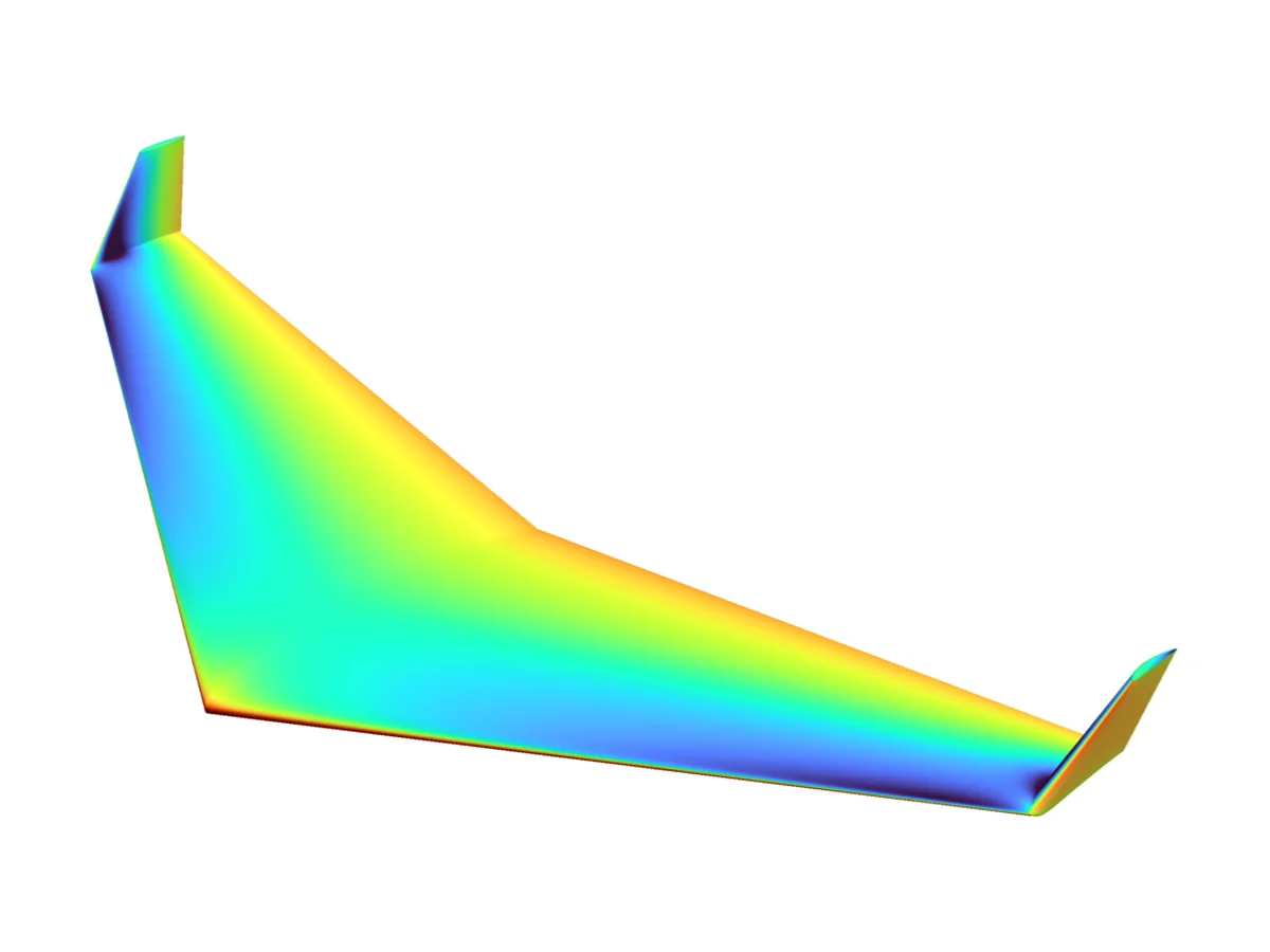 Pressure coefficient on the upper surface of the wing, lowest along the leading edge and near the winglets.
