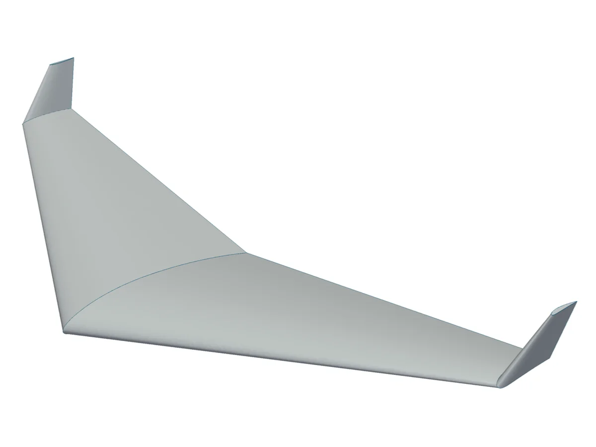 A swept flying wing with winglets, as a smooth grey CAD solid.