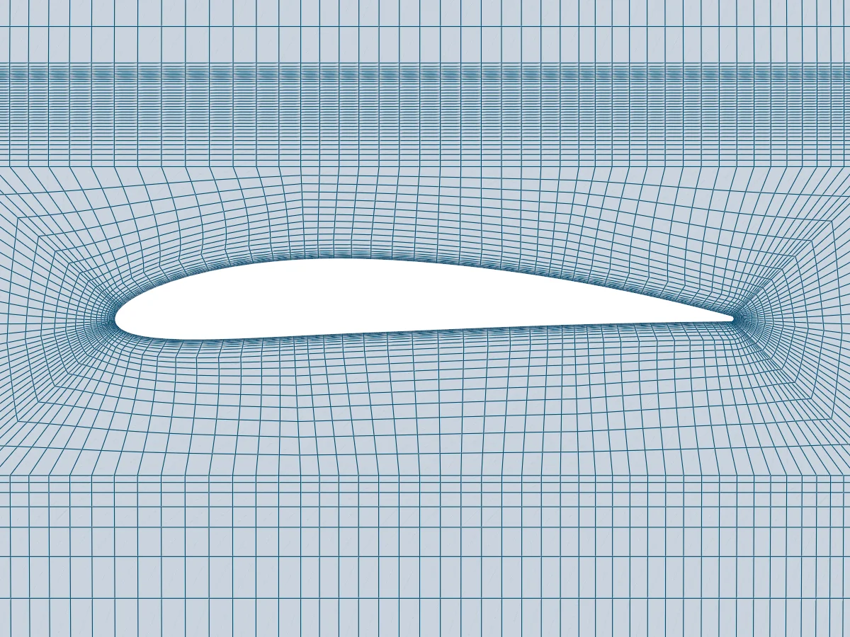 Structured mesh around the root section of the wing: an O-grid hugging the airfoil, refined towards the wall, inside a rectangular block grid.