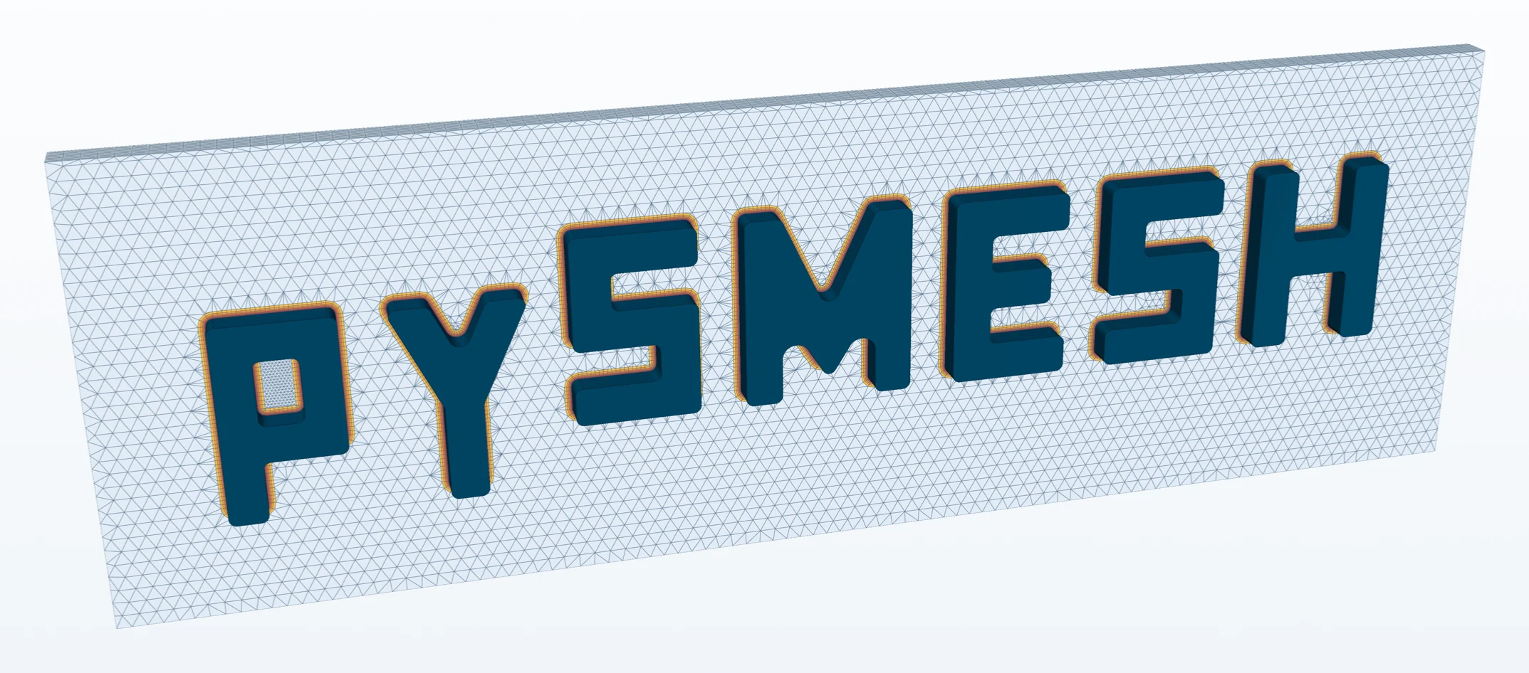 3D fluid mesh around the letters pySMESH, cut at mid depth, with the boundary-layer prism cells coloured from red at the wall to yellow at the edge of the layer stack.