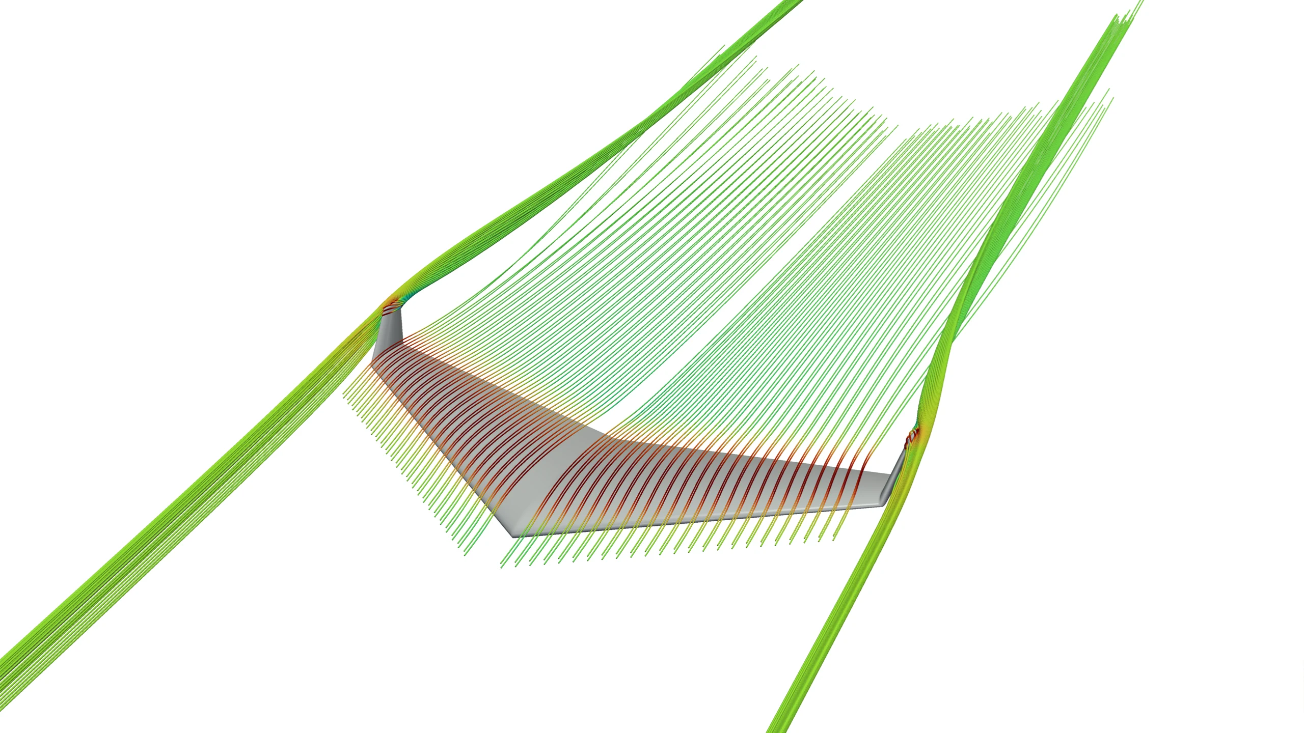 Streamlines over a flying wing from the front, coloured by local speed, with the tip vortices trailing from both winglets.
